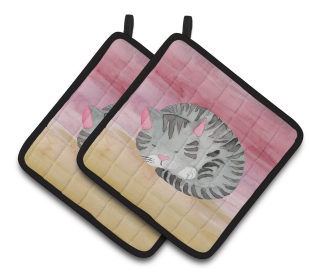 Animal Watercolor Pair of Pot Holders (Animal: Sleeping Grey Cat)