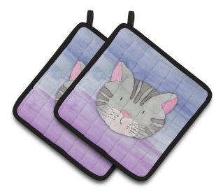 Animal Watercolor Pair of Pot Holders (Animal: Cat Face)