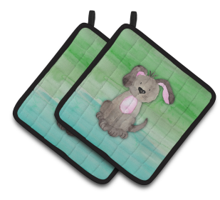 Animal Watercolor Pair of Pot Holders (Animal: Dog Teal and Green)