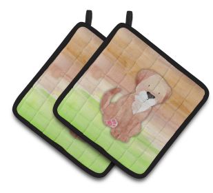 Animal Watercolor Pair of Pot Holders (Animal: Dog Green and Brown)