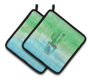 Flower Watercolor Pair of Pot Holders (Color: Cactus Teal and Green Watercolor, size: 7.5 x 7.5)