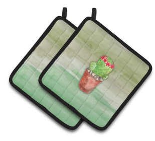 Flower Watercolor Pair of Pot Holders (Color: Cactus Green Watercolor, size: 7.5 x 7.5)