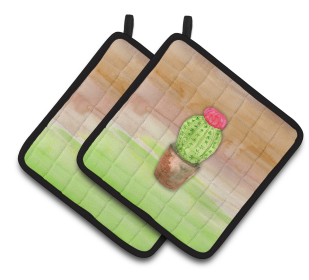 Flower Watercolor Pair of Pot Holders (Color: Cactus Green and Brown Watercolor, size: 7.5 x 7.5)