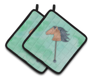 Western Watercolor Pair of Pot Holders (Color: Stick Horse Watercolor, size: 7.5 x 7.5)