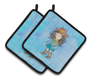 Western Watercolor Pair of Pot Holders (Color: Cowgirl Watercolor, size: 7.5 x 7.5)
