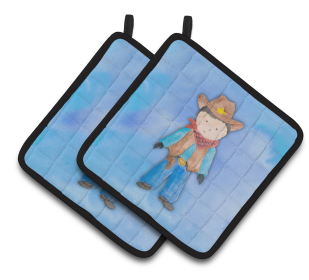 Western Watercolor Pair of Pot Holders (Color: Cowboy Watercolor, size: 7.5 x 7.5)