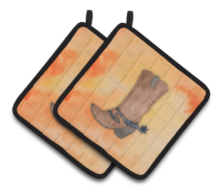 Western Watercolor Pair of Pot Holders (Color: Cowboy Boot Watercolor, size: 7.5 x 7.5)