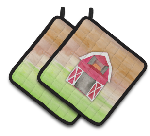 Western Watercolor Pair of Pot Holders (Color: Barn Watercolor, size: 7.5 x 7.5)