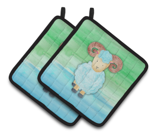 Animal Watercolor Pair of Pot Holders (Animal: Ram Sheep)