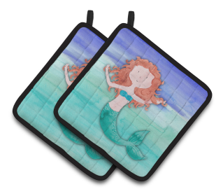Fairytale Watercolor Pair of Pot Holders (Color: Ginger Mermaid Watercolor, size: 7.5 x 7.5)