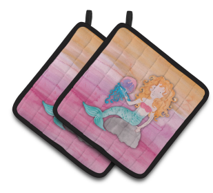 Fairytale Watercolor Pair of Pot Holders (Color: Blonde Mermaid Watercolor, size: 7.5 x 7.5)