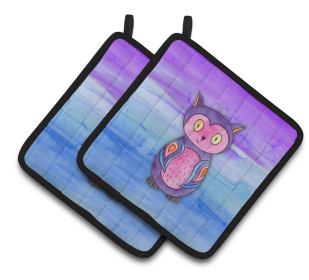 Animal Watercolor Pair of Pot Holders (Animal: Pink and Purple Owl)