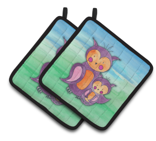 Animal Watercolor Pair of Pot Holders (Animal: Momma and Baby Owl)