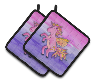 Fairytale Watercolor Pair of Pot Holders (Color: Pink Unicorn Watercolor, size: 7.5 x 7.5)