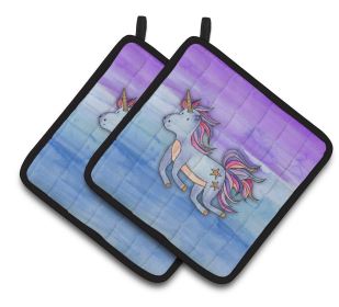 Fairytale Watercolor Pair of Pot Holders (Color: Blue Unicorn Watercolor, size: 7.5 x 7.5)