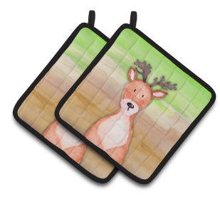 Animal Watercolor Pair of Pot Holders (Animal: Deer)