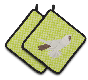 Bird on Pair of Pot Holders (Breed: German Helmet Pigeon)