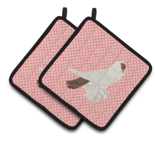 German Helmet Pigeon Bird on Pair of Pot Holders (Breed: German Helmet Pigeon)