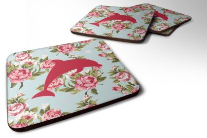 Sealife / shabby Chic Blue Roses Foam Coaster (Color: Dolphin, size: 3.5 x 3.5)