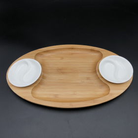 Fine Porcelain and Bamboo Serving tray combo set with a yin yang 2 section saucer (Color: White)