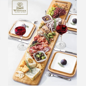 Large feast Charcuterie plating set including long bamboo serving tray and square bamboo platters with fine porcelain plates to match (Color: White)