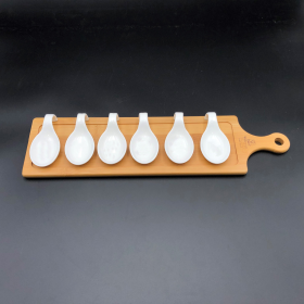 Small party serving tray with 6 shooter spoons on an 18 inch bamboo board to match (Color: White)