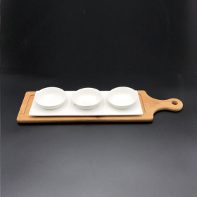 A mignardises (petit four) serving set with Bamboo long tray and Porcelain dishes to match (Color: White)
