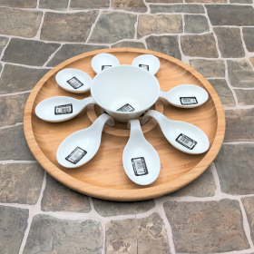 Medium party serving tray with 8 shooter spoons and condiments dish for the center (Color: White)