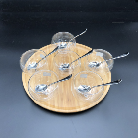 Ice-cream presentation set with 6 large thermo bowls and spoons and round bamboo platter (Color: White)