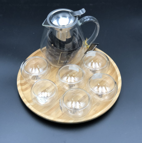 Small Asian tea thermo set with 6 bowls for serving and a Bamboo serving tray (Color: White)