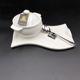 Individual baking pot with a Soup Spoon and curved serving dish set for 1 (Color: White)