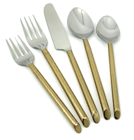 Vibhsa Golden Flatware Set of 5 Pieces (Cut Hammered, Stainless Steel) (Color: gold, size: Service for 1)