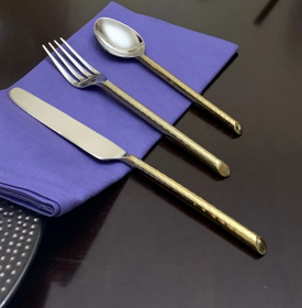 Vibhsa Hammered Golden Stainless Steel Flatware 18-Piece Set (Dinner knives, Dinner Forks, Teaspoons) (Color: gold, size: Service for 6)