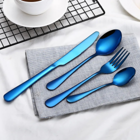 High-Grade Tableware Set Black Gold Plated Stainless Steel Knife and Fork (Color: Blue)