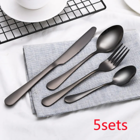 High-Grade Tableware Set Black Gold Plated Stainless Steel Knife and Fork (Color: Black 5Sets)