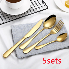High-Grade Tableware Set Black Gold Plated Stainless Steel Knife and Fork (Color: Gold 5Sets)