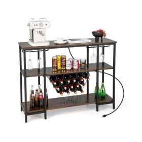 Simple Industrial Wine Rack Wine with Storage Shelves (Color: Brown)